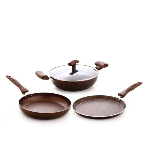 Crystal Vivid Series Induction Bottom Nonstick Cookware Set - 4 Pcs | Tawa 250 mm + Fry Pan 240 mm + Kadai 240mm + Glass Lid 240 mm | Thickness - 3 mm | Metal Spoon Friendly