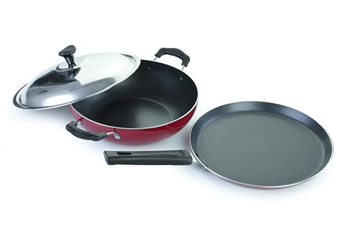 Crystal Vivid Series Induction Bottom Non-Stick Cookware Set, 2 Pcs, Maroon | Tawa 250 mm | Kadai 240 mm with Steel Lid | 2.6 mm thickness| 3 layer Non stick Coating | Metal Spoon Friendly | PFOA Free