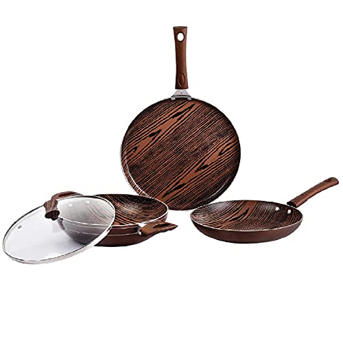CELLO Prima 3-Piece Non-Stick Aluminium Cookware Set, Woody (28 cm Dosa Tawa, 22 cm Kadai with Glass Lid, 22 cm Fry Pan) | Induction Base, PFOA-Free, Sturdy Handles, Ideal Gift Set