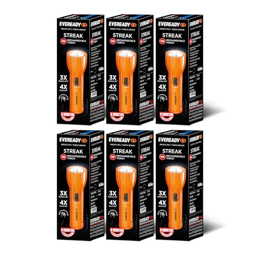Eveready Streak DL22, Rechargeable 1W Emergency Led Torch, Easy Plug & Play Charging, Overcharge & Deep Discharge Protection, Powered by Li-Ion Battery, Pack of 6