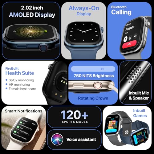 Fire-Boltt Brillia Smart Watch 2.02” Super AMOLED Display, Bluetooth Calling, SpO2, Heart Rate Monitor, 120+ Sports Modes, Fitness Tracker, Voice Assistant, Smart Watch for Man & Women– Grey - Image 4