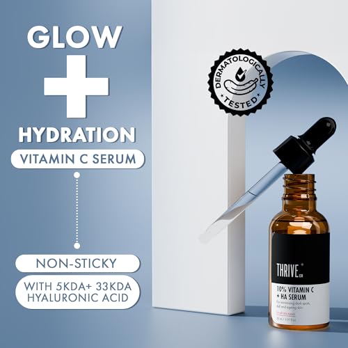 ThriveCo 10% Vitamin C Face Serum | Brightens Skin & Helps Reduce Dark Spots | With 33 kDa + 5 kDa Hyaluronic Acid | Boosts Hydration & Glow | For Men & Women | 30 ml - Image 3