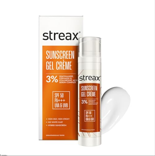 Streax Sunscreen Gel Crème SPF 50 PA+++, 50g | 3% Niacinamide | Serum Infused Sunscreen | Non-Oily, No White Cast | Hydrating & Brightening