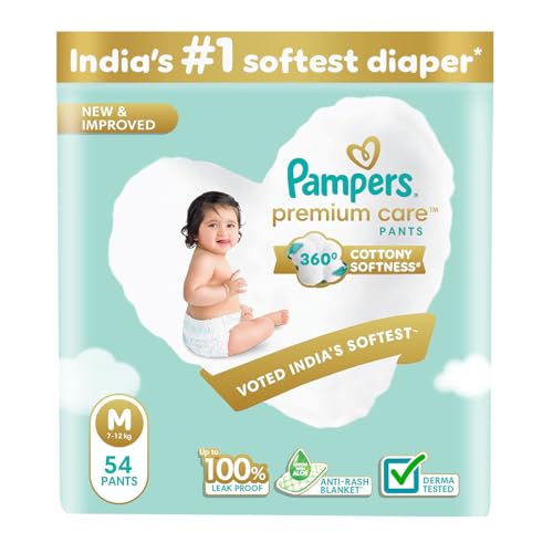 Pampers Premium Care Pant Style Baby Diapers | Medium (M size) | 54 Count | Voted India's Softest | All-in-1 with 360 Cottony Softness Diapers | 7-12kg