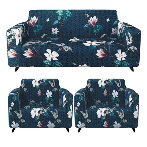 Sofa Cover 5 Seater Fully Covered, Stretchable Elastic Polyester Spandex, Navy Blue Floral 3+1+1 Sofa Cover | Antislip Cover Sofa Set 5 Seater, Stylish for Aesthetic Home Furnishing