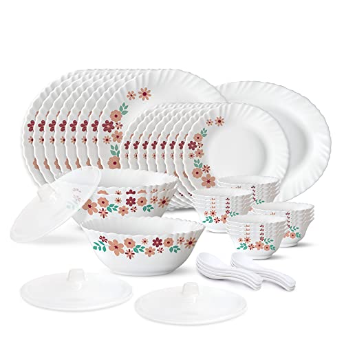 Larah by Borosil Ayana Silk Series Opalware Dinner Set | 47 Pieces for Family of 8 | Microwave & Dishwasher Safe | Bone-Ash Free | Crockery Set for Dining & Gifting | Plates & Bowls | White