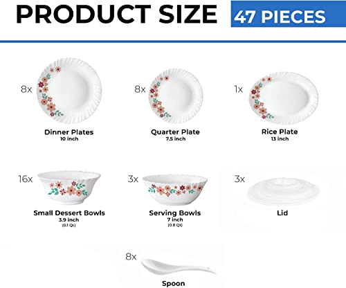 Larah by Borosil Ayana Silk Series Opalware Dinner Set | 47 Pieces for Family of 8 | Microwave & Dishwasher Safe | Bone-Ash Free | Crockery Set for Dining & Gifting | Plates & Bowls | White - Image 3