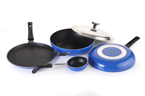 Crystal Eco Series Nonstick Cookware Set, 5 Pcs, Royal Blue | 2.5 mm Thickness | PFOA Free Non Stick Coating | Tawa 250 mm | Fry Pan 240 mm | Kadai with Steel lid 240 mm | Tadka pan/Vaghariya