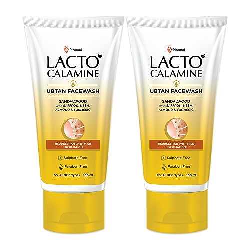 Lacto Calamine Ubtan Face Wash for Glowing Skin | Natural Face Wash with Sandalwood, Saffron, Neem, Almond & Turmeric | Exfoliating Facewash reduces Tan | Sulphate, Paraben Free | 100 ml Pack of 2