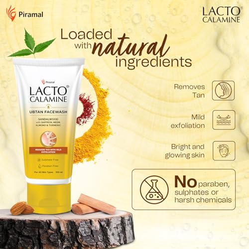 Lacto Calamine Ubtan Face Wash for Glowing Skin | Natural Face Wash with Sandalwood, Saffron, Neem, Almond & Turmeric | Exfoliating Facewash reduces Tan | Sulphate, Paraben Free | 100 ml Pack of 2 - Image 3