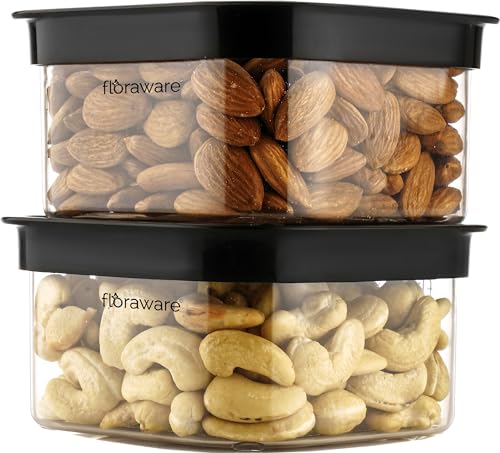 Floraware Food Safe Plastic Multiuse Square Fit-Lock Airtight Storage Jar,Containers for Kitchen Storage Set I Grocery Kitchen Container Set I Multipurpose Jar, 450 ml, set 2 BPA free, Black