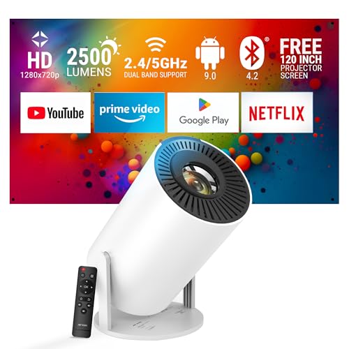 Ant Esports View 521 Smart LED Projector - White | 1080P & 4K Support I 2500 Lumens I WiFi +BT, Android 9 I HDMI/USB I Upto 130"(330cm) Max Screen I Speaker Power 3W I 720P Native Included 120" Screen