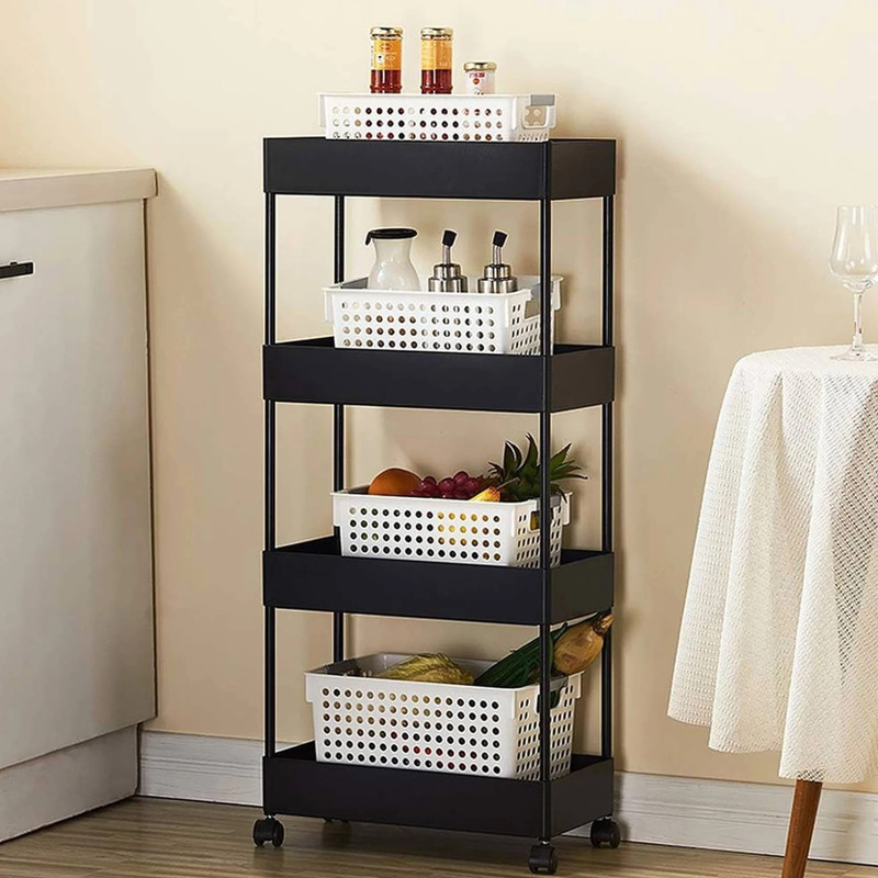 Pinkwhale 4 Compartments Plastic Storage Trolly(Black)