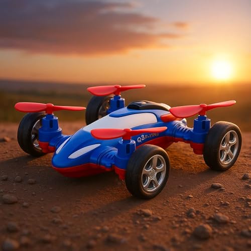 GRAPHENE Drone Flying Car Toy Friction Powered Realistic Moving Fans 4 Rotors with Red Propeller Blades 360° Wings Rotation Pullback Opening Push and Go Forward Backward Multicolor Vehicle Design