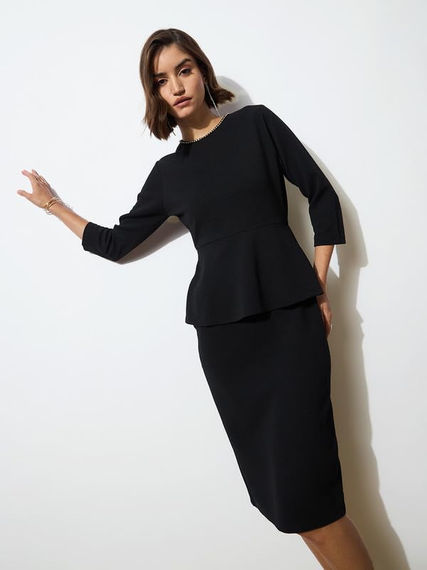 Black Peplum Diamante Neck Bodycon Dress - Image 2