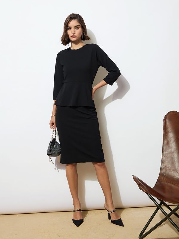 Black Peplum Diamante Neck Bodycon Dress - Image 3