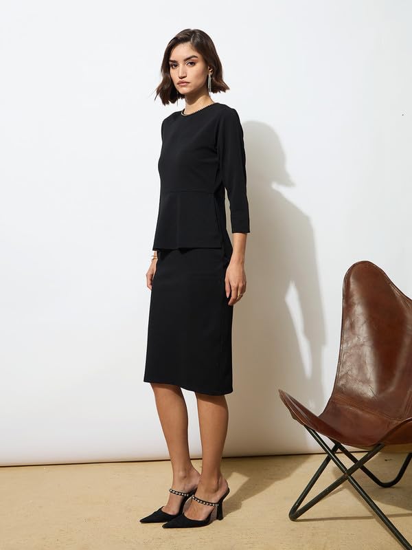 Black Peplum Diamante Neck Bodycon Dress - Image 4