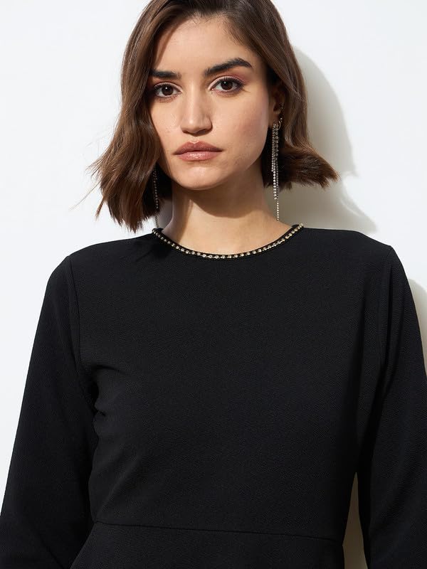 Black Peplum Diamante Neck Bodycon Dress - Image 5