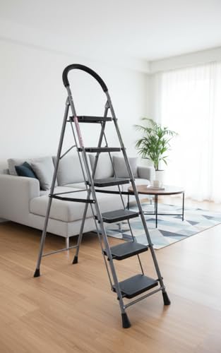 FLIPZON Halo Foldable 6 Step Ladder for Home and Office Use | Alloy Steel | Wide Steps | Wobble-Free | Skid-Free Steps | Durable Safety Ladder | Rust Free | Anti-Skid (Grey & Black)