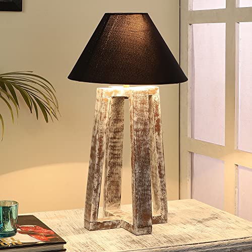 tu casa Table Lamps with Mango Wood Base & Black Cotton Shades for Home Décor, Bedrooms, Living Room, Gifting, Diwali Decoration, Dining Space, Study Room, Hall (Height- 46cm) - Bulb not Included