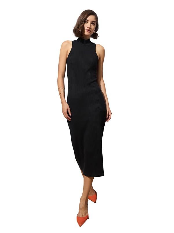 Black Rib Sleeveless Turtle Neck Midi Dress