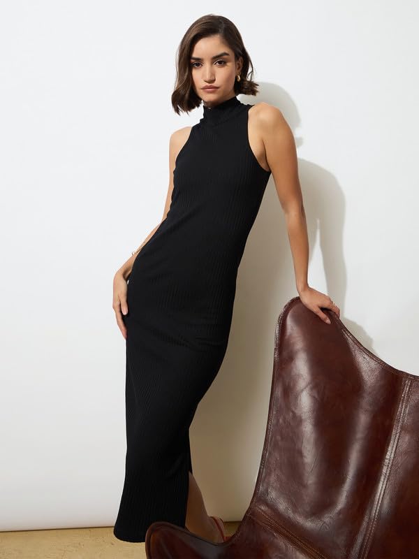 Black Rib Sleeveless Turtle Neck Midi Dress - Image 2