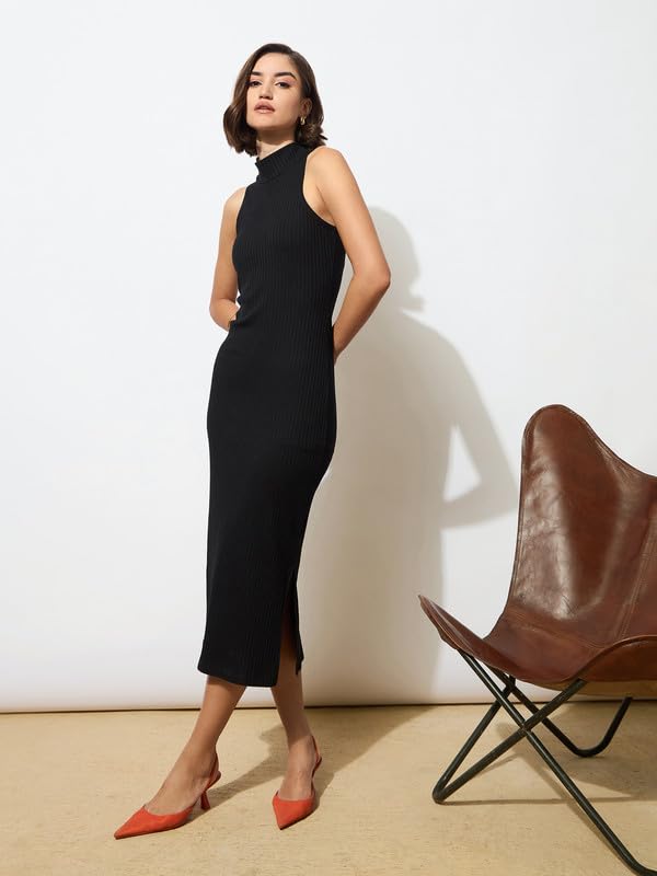 Black Rib Sleeveless Turtle Neck Midi Dress - Image 4