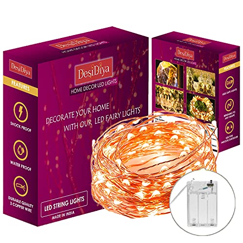 Desidiya 3AA Battery Powered Copper String Decorative LED Fairy Lights Warm White, 10 Meters, 100 LED's (Pack of 1)