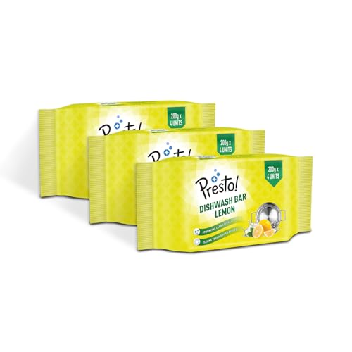 Amazon Brand - Presto! Dishwash Bar | 200 Gram | 12 count | 4 Bars Each X 3 Pack | Removes Tough Grease | Odour-Free Freshness | Gentle On Hands
