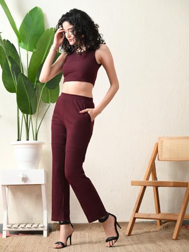 Women's Maroon Ribbed Sleeveless Co-ord