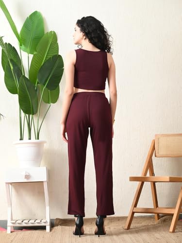 Women's Maroon Ribbed Sleeveless Co-ord