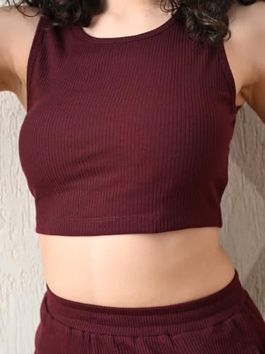 Women's Maroon Ribbed Sleeveless Co-ord