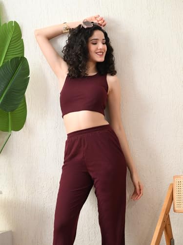 Women's Maroon Ribbed Sleeveless Co-ord