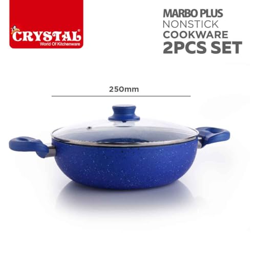 Crystal 250mm Kadai + 250mm Fry Pan with Glass Lid | 2Pcs Set| Blue - Image 3