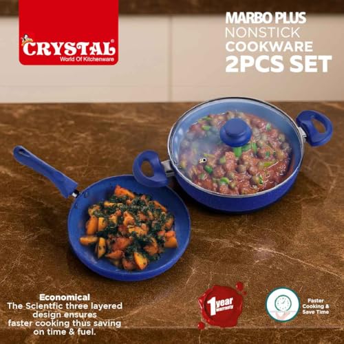 Crystal 250mm Kadai + 250mm Fry Pan with Glass Lid | 2Pcs Set| Blue - Image 4