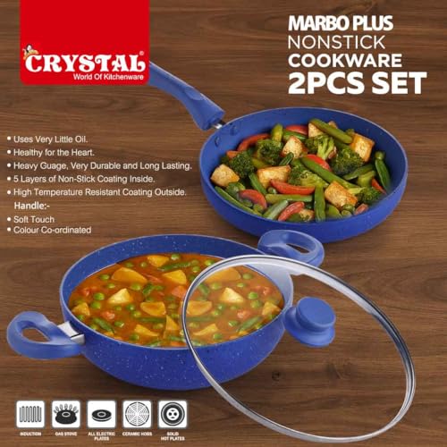 Crystal 250mm Kadai + 250mm Fry Pan with Glass Lid | 2Pcs Set| Blue - Image 5