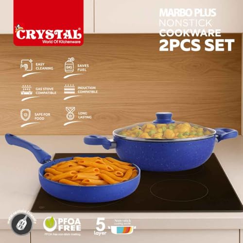 Crystal 250mm Kadai + 250mm Fry Pan with Glass Lid | 2Pcs Set| Blue - Image 6
