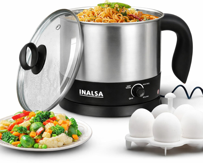 Inalsa Multi Cook Nu Multi Purpose Cooker for Soup Maggi Pasta Noodles Eggs Meals Electric Kettle(1.5 L, Silver)