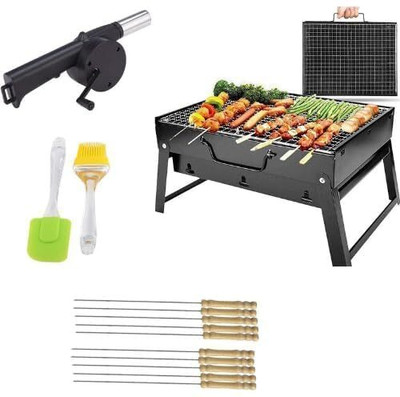 TRLGOP BarbecueBasketFoldableforRoastBBQPortableGrillingBasketwithWoodHandle with 10 Skewer