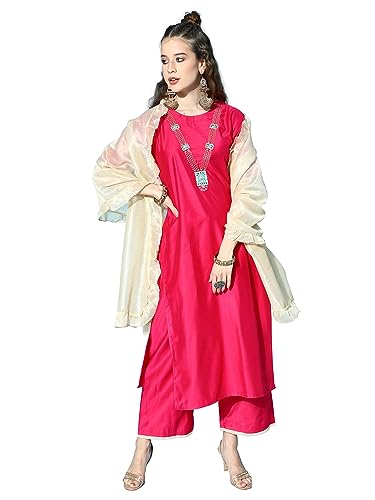 Women Rangpreet Pink Embroidered Straight Kurta Palazzo With Dupatta Set