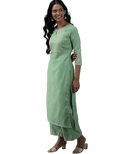 Sea Green Solid Straight Kurta Palazzo with Dupatta Set(4077NKH1176L) - Image 3