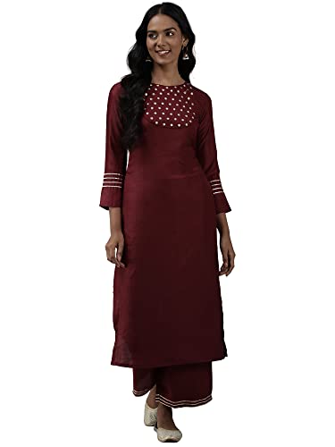 Women Rangpreet Wine Embroidered Straight Kurta with Trouser Set