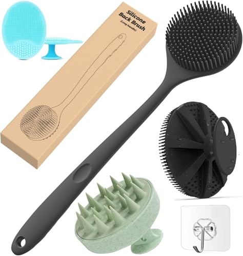 4-in-1 Silicone Bath Brush Set – Long Handle Back Scrubber, Body Exfoliating Shower Brush, Scalp & Face Massager, BPA-Free Soft Silicone Bath Brush for Men & Women, Hooks Included