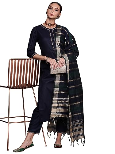 Women Rangpreet Navy Blue Straight Kurta Palazzo With Dupatta Set - Image 2