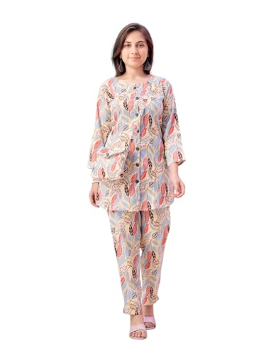 Aarika Girls Casual Wear Beige Colour Leaf Print Polyester Co-ord Set