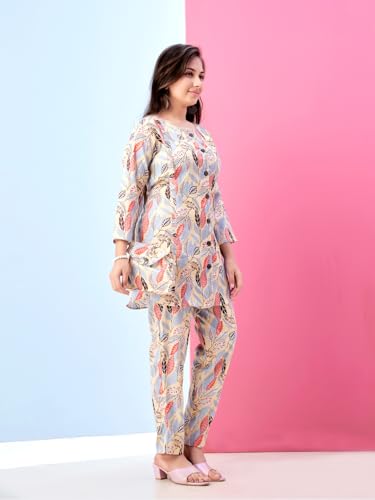 Aarika Girls Casual Wear Beige Colour Leaf Print Polyester Co-ord Set - Image 2