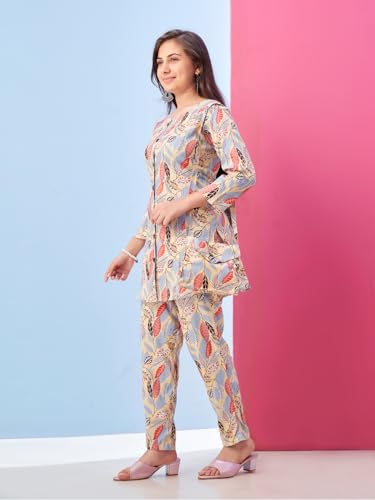 Aarika Girls Casual Wear Beige Colour Leaf Print Polyester Co-ord Set - Image 3