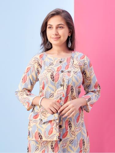 Aarika Girls Casual Wear Beige Colour Leaf Print Polyester Co-ord Set - Image 5