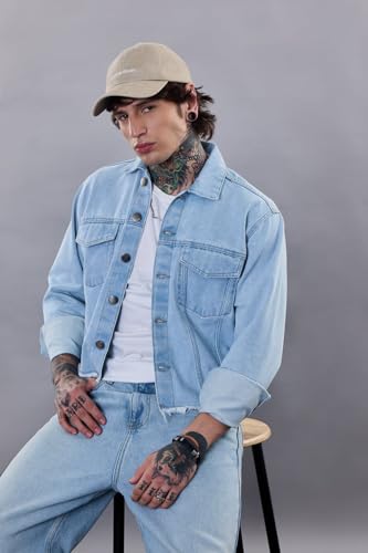 SNITCH Revolution Light Blue Cropped Printed Denim Jacket - Image 6
