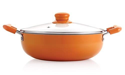 NIRLON Ceramic Non Stick Induction Aluminium Kadhai with Glass Lid, 2.25 litres, Orange